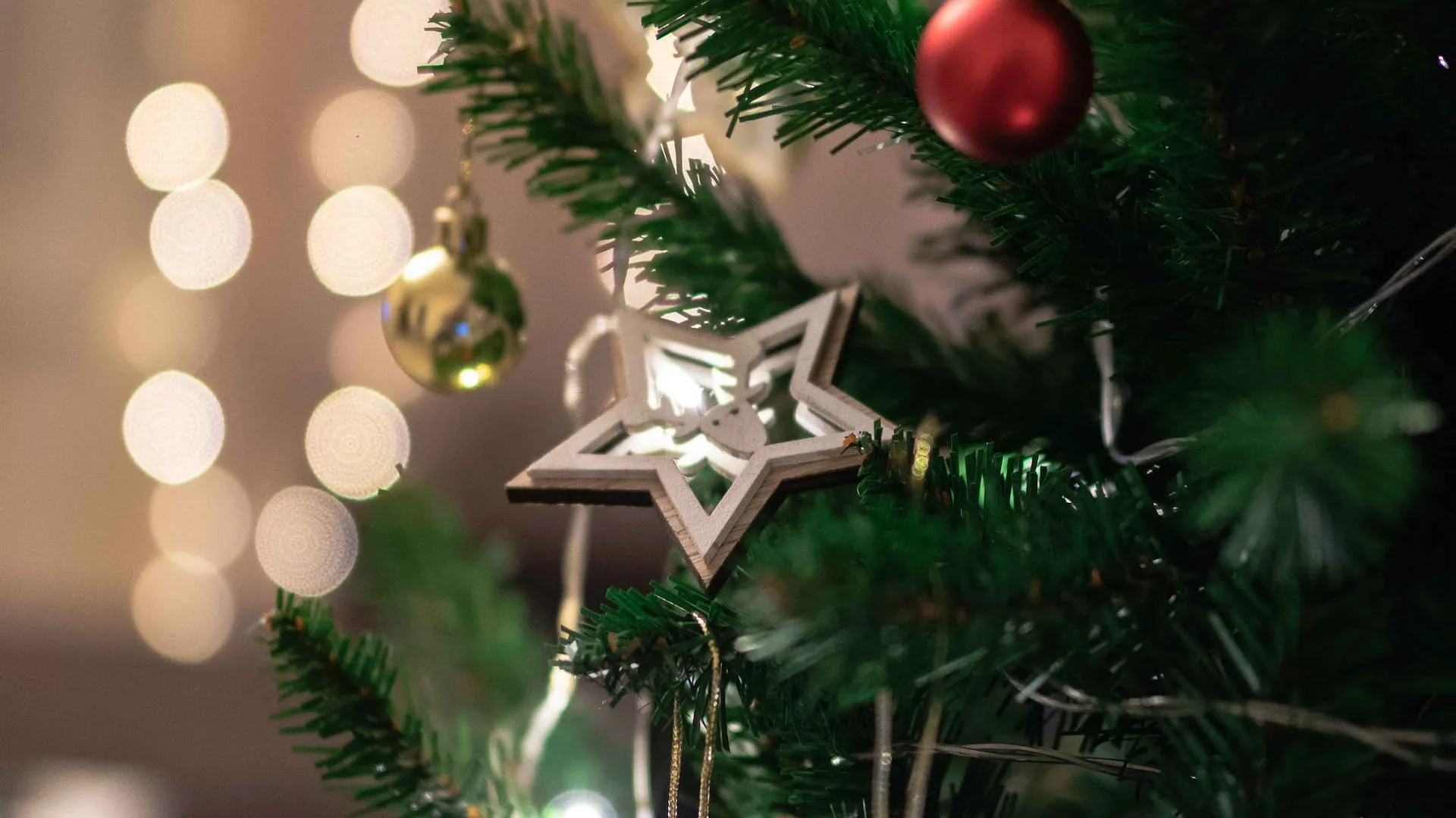 Ornaments and lights on a Christmas tree