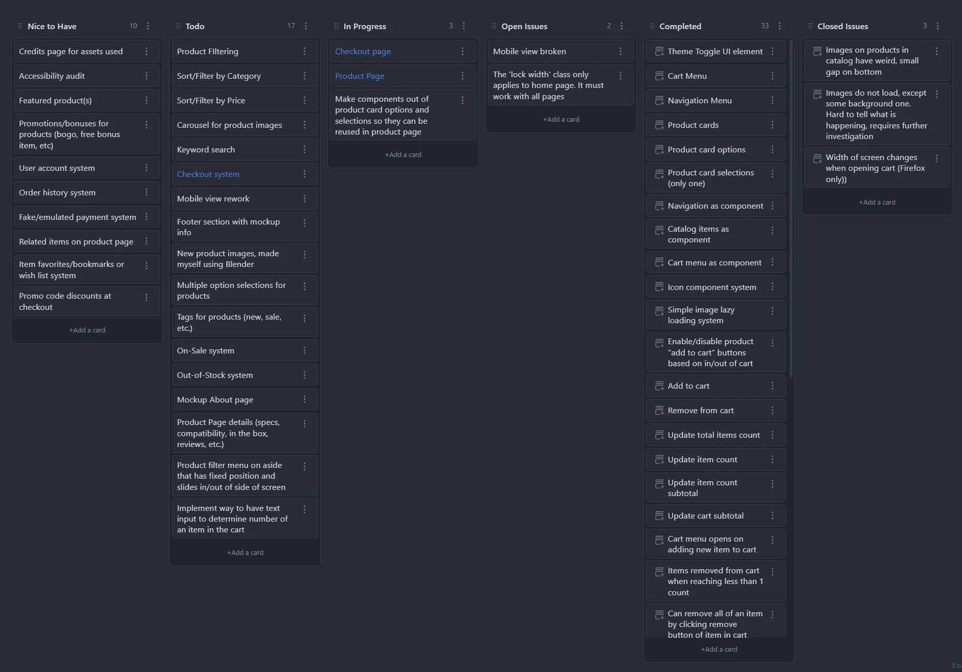 Kanban board with project goals